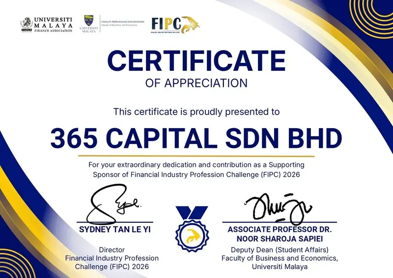 FIPC 2026 certificate of appreciation presented to 365 Capital Sdn Bhd